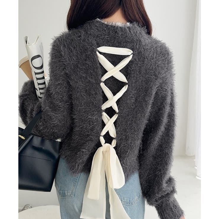 背中で惹きつける、大人の甘さ。バッグリボンレースアップ衿レースレイヤードニットプ… | Classical Elf  | 詳細画像16 