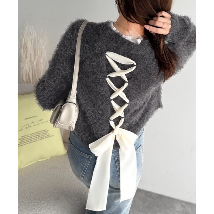 背中で惹きつける、大人の甘さ。バッグリボンレースアップ衿レースレイヤードニットプ… | Classical Elf  | 詳細画像21 