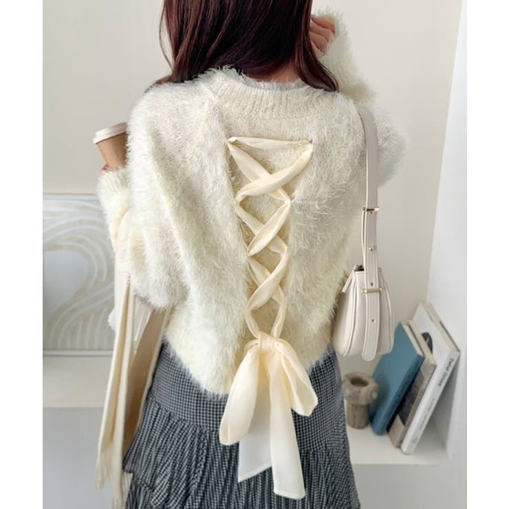 背中で惹きつける、大人の甘さ。バッグリボンレースアップ衿レースレイヤードニットプ… | Classical Elf  | 詳細画像5 