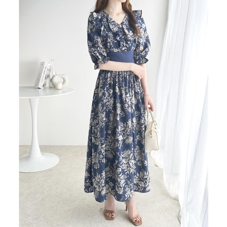 【美品】新品　ホメオスタイル　ワンピース　青　花柄 パメオポーズ初の花柄ドレス＆“クリスタル”イメージのケープ袖