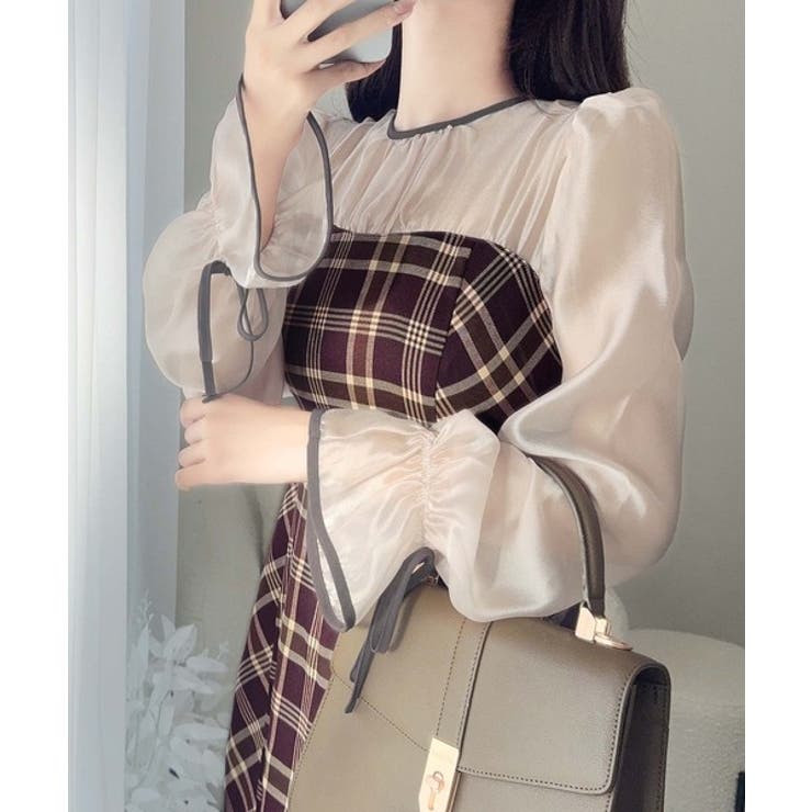 ドッキングワンピース ラウンドネック チェック柄 Aライン 長袖 ワンピース ロング丈 レディース 女性 半袖 Aライン ミモレ丈