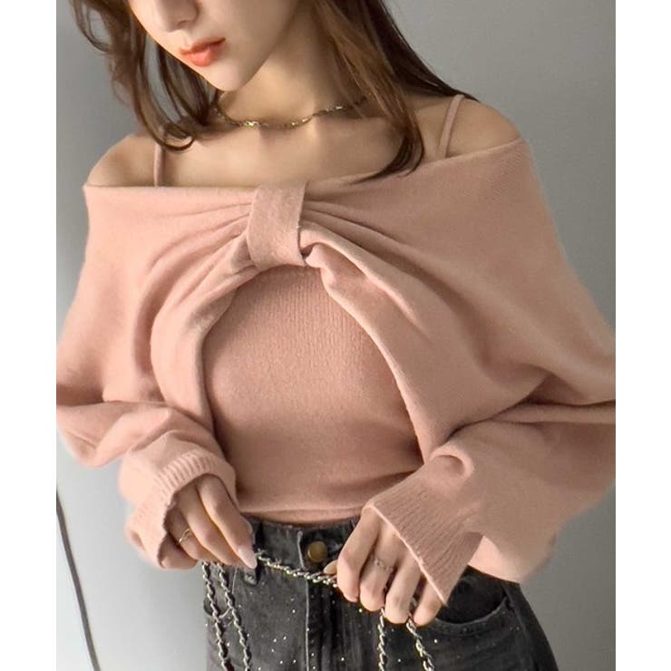 NOMAE リボンキャミボレロアンサンブルニット　アイボリー チェック 予約商品 11月上旬発送】リボンキャミボレロアンサンブルニット