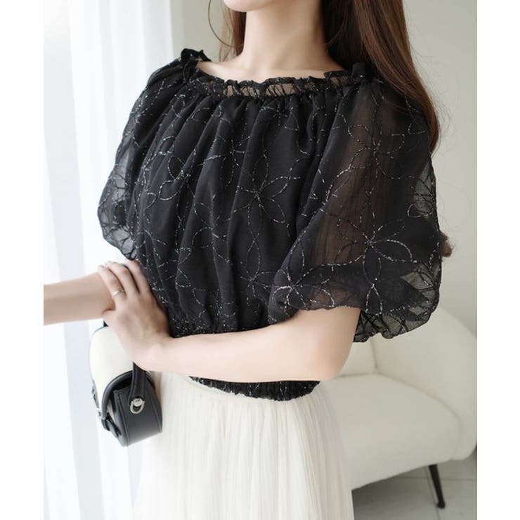 eimy / Flower motif オフショルダートップス、パンツ（黒） eimy / Flower motif オフショルダートップス、パンツ（黒