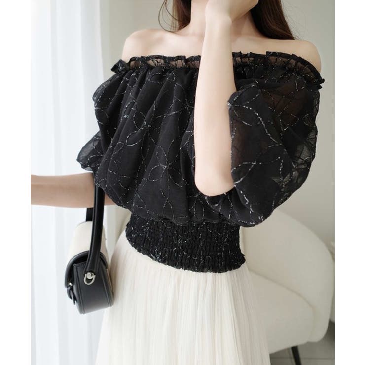 eimy / Flower motif オフショルダートップス、パンツ（黒） EIMY ISTOIRE（エイミーイストワール）の「Flower motif オフ