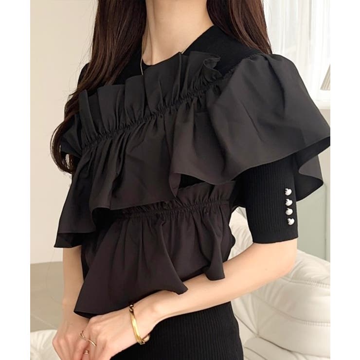 ブラック | 【mily bilet】大人の華やかな旬スタイル。パールボタンフリル使いサマーニ… | Classical Elf 