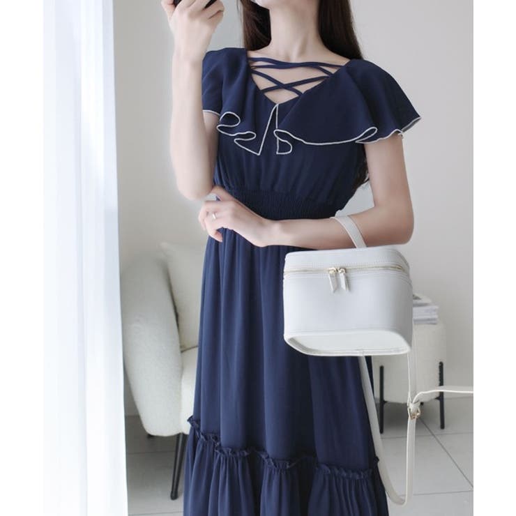 ワンピース ビッグカラー セーラー風 胸元リボン 半袖 夏用 夏服