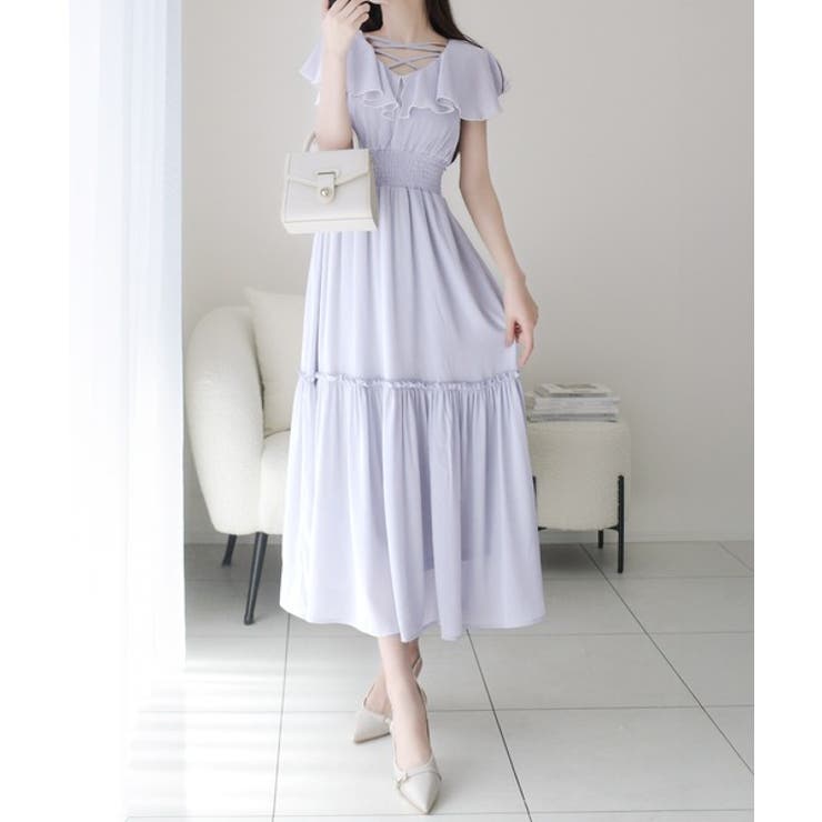 ブルー | 【mily bilet】今季上品に大活躍♪クロスデザイン楊柳使いフリル襟ワンピー… | Classical Elf 