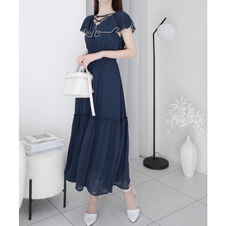 今季上品に大活躍♪クロスデザイン楊柳使いフリル襟ワンピース[品番