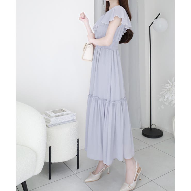 今季上品に大活躍♪クロスデザイン楊柳使いフリル襟ワンピース