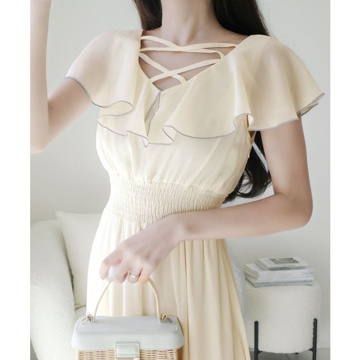 大人 ワンピース フリル パフスリーブ CLEARANCE-SALE パフスリーブ フリル切り替え ワンピース Liala