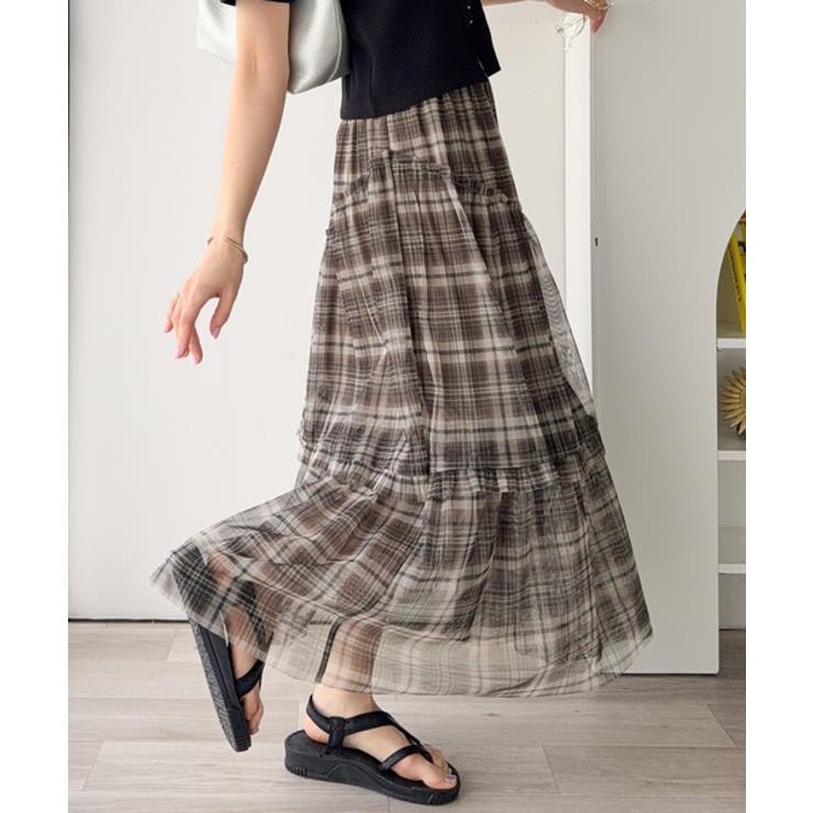 ベージュ | 【mily bilet】大人可愛いエアリーな存在感。アシンメトリーフリルチェック… | Classical Elf 