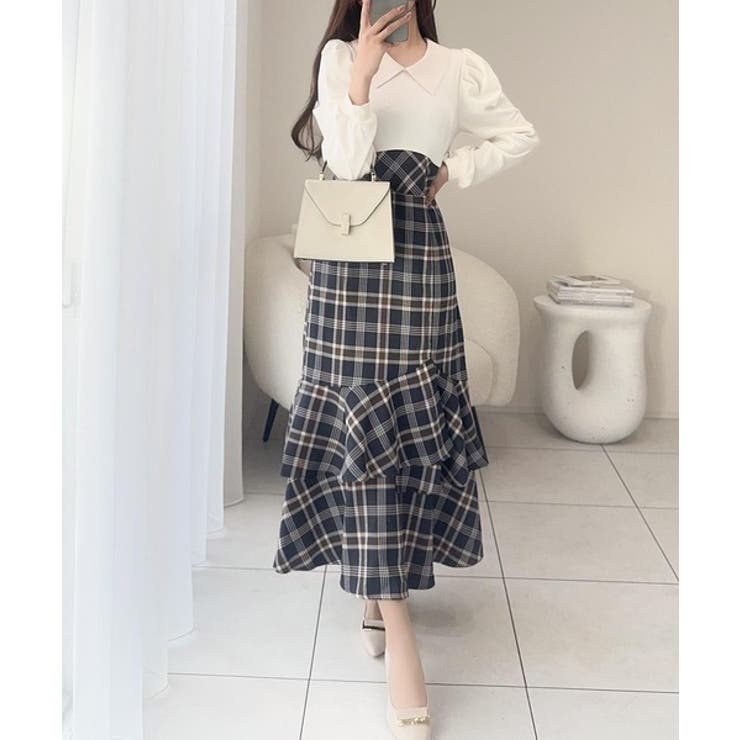 愛され要素がぎゅっと盛り♪シャツ襟チェックアシメフリルドッキングロングワンピース… | Classical Elf  | 詳細画像9 