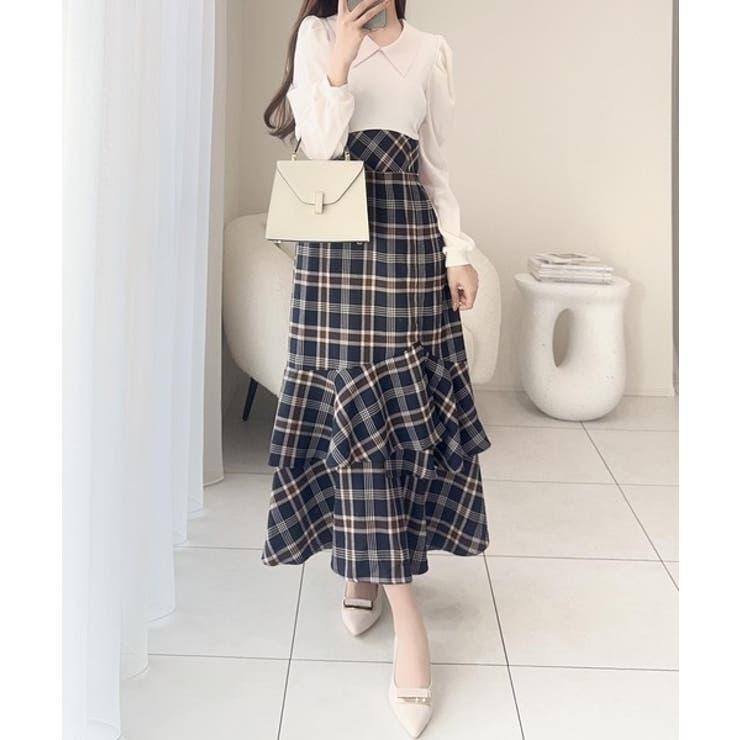 愛され要素がぎゅっと盛り♪シャツ襟チェックアシメフリルドッキングロングワンピース… | Classical Elf  | 詳細画像14 