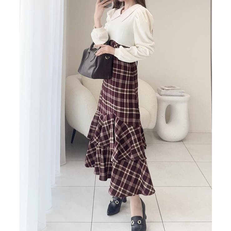 愛され要素がぎゅっと盛り♪シャツ襟チェックアシメフリルドッキングロングワンピース… | Classical Elf  | 詳細画像21 