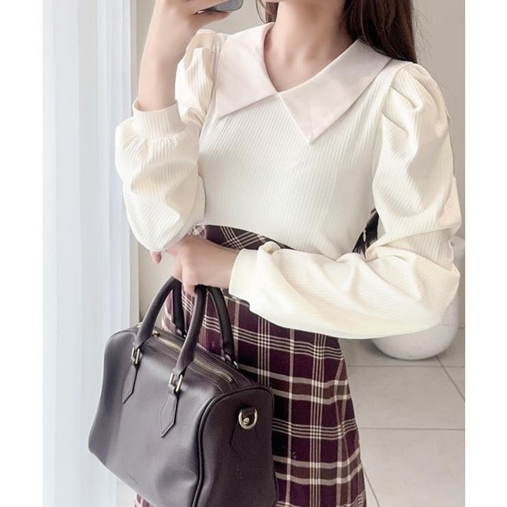 バーガンディー | 愛され要素がぎゅっと盛り♪シャツ襟チェックアシメフリルドッキングロングワンピース… | Classical Elf 