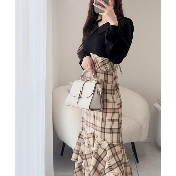 愛され要素がぎゅっと盛り♪シャツ襟チェックアシメフリルドッキングロングワンピース… | Classical Elf  | 詳細画像1 