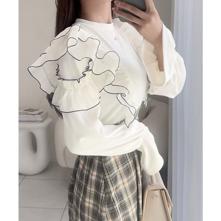 シアー生地とフリルで華やかさをプラスしたドッキングワンピース[品番