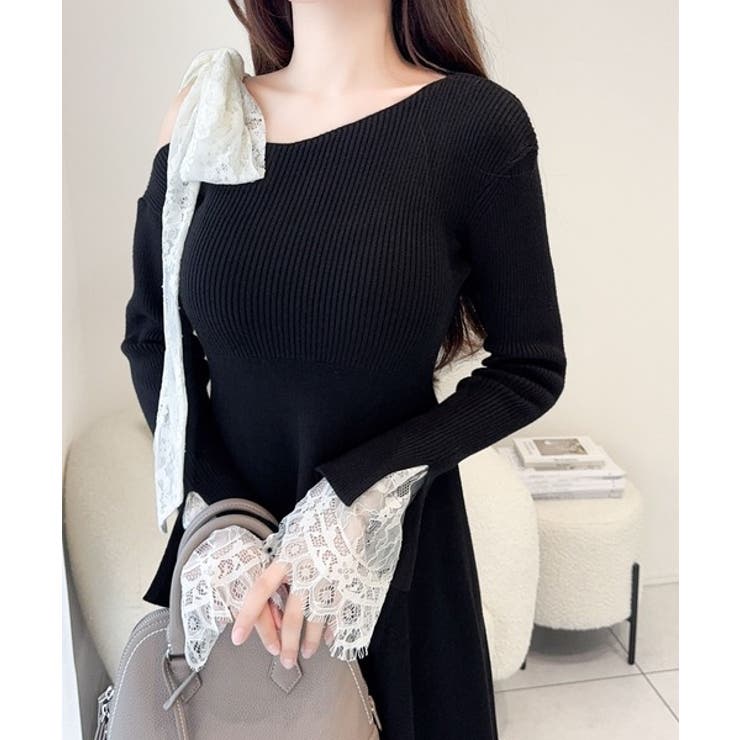 さくらんぼとリボン　レースニットのフリフリワンピース見本 さくらんぼとリボンレースニットのフリフリワンピース見本