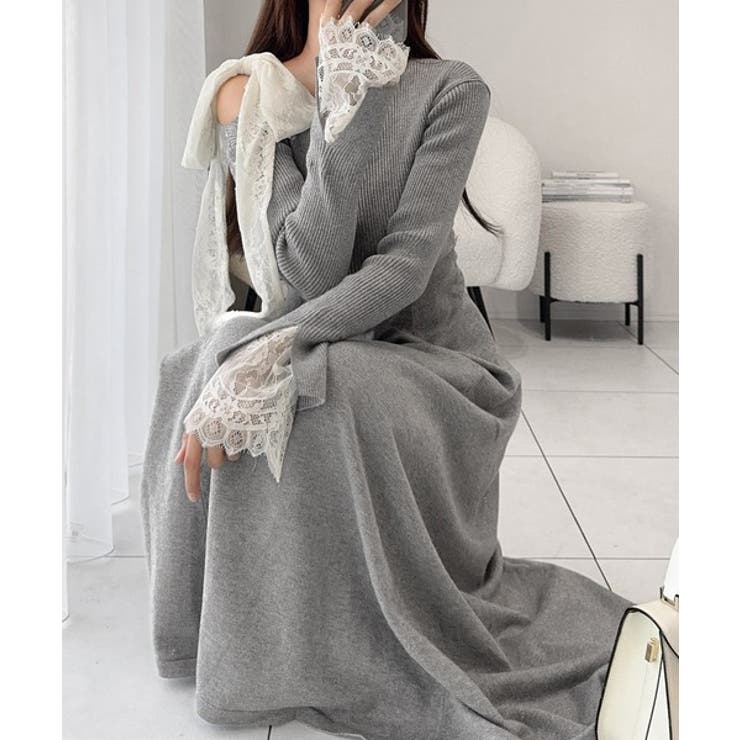 華やかリボンで映える◎レースリボン使いワンオフショルニット