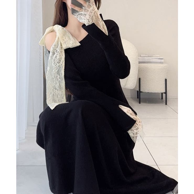 00s 希少 LIZLISA 旧タグ 3連リボンオフショルレース編みニットワンピ 00s 希少 LIZLISA 旧タグ 3連リボンオフショルレース編みニットワンピ