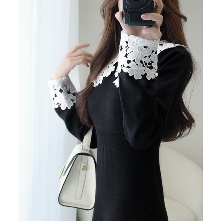 華やかさと上品さを纏う。パール使いレースカラーニットワンピース