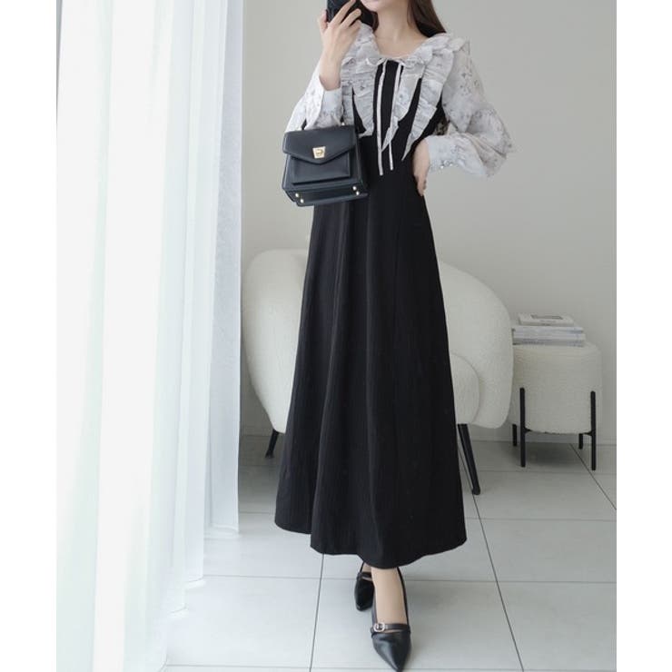 ブラック | 上品にスタイルアップ。シャイニー花柄フリルブラウスドッキングワンピース | Classical Elf 