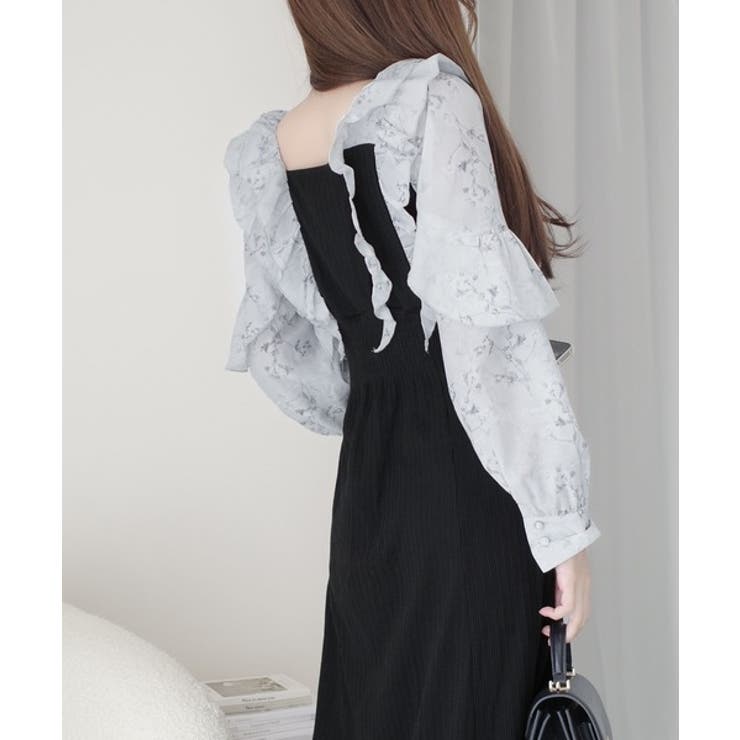 上品にスタイルアップ。シャイニー花柄フリルブラウスドッキングワンピース | Classical Elf  | 詳細画像8 