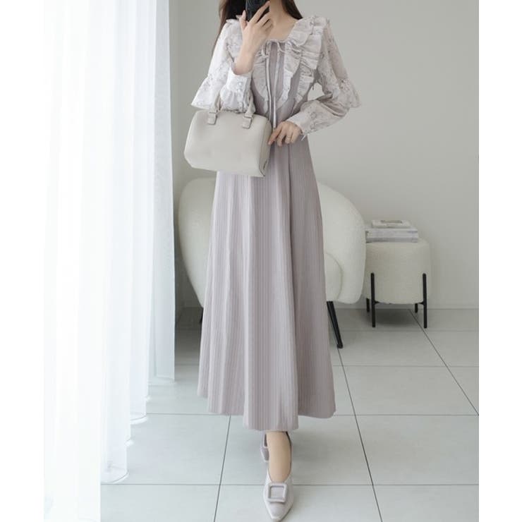 上品にスタイルアップ。シャイニー花柄フリルブラウスドッキングワンピース | Classical Elf  | 詳細画像9 