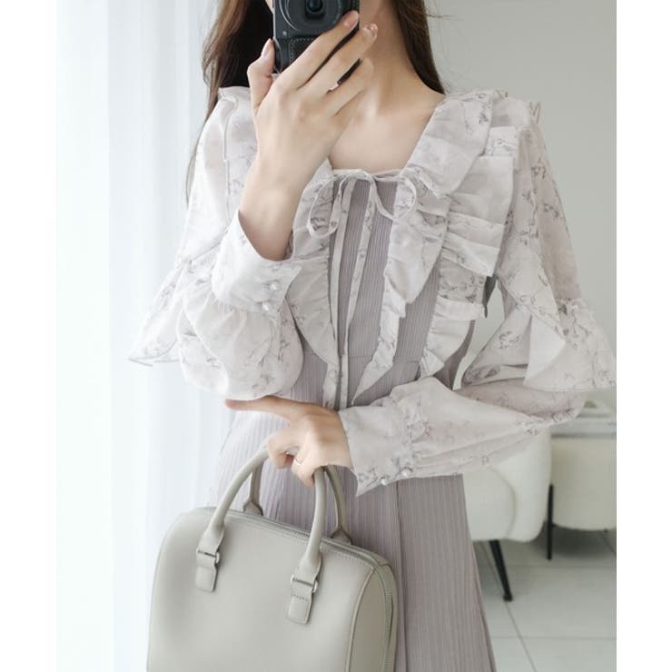 上品にスタイルアップ。シャイニー花柄フリルブラウスドッキングワンピース | Classical Elf  | 詳細画像10 