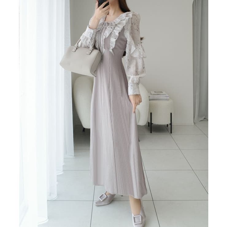 上品にスタイルアップ。シャイニー花柄フリルブラウスドッキングワンピース | Classical Elf  | 詳細画像13 