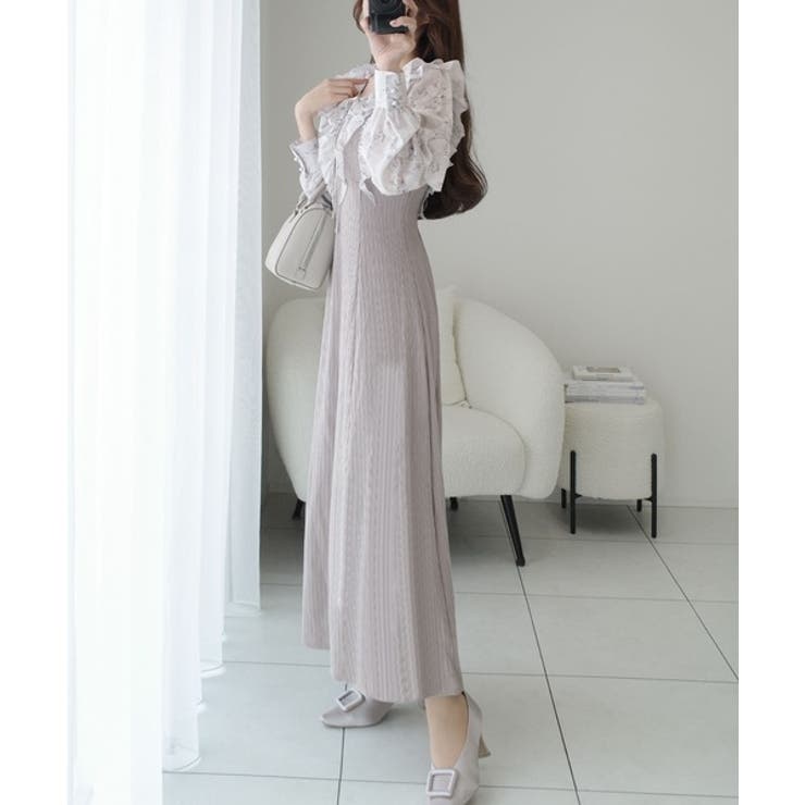 上品にスタイルアップ。シャイニー花柄フリルブラウスドッキングワンピース | Classical Elf  | 詳細画像14 