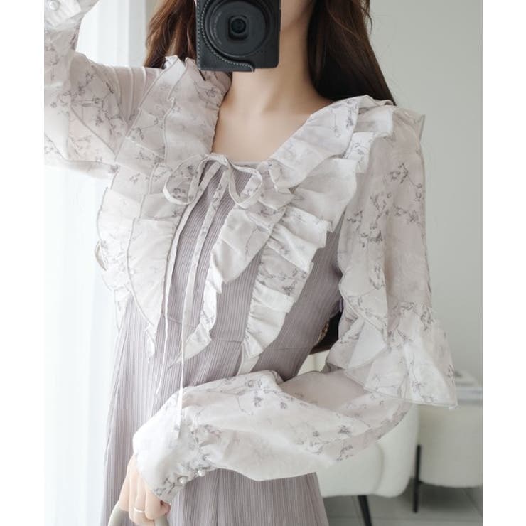 グレー | 上品にスタイルアップ。シャイニー花柄フリルブラウスドッキングワンピース | Classical Elf 