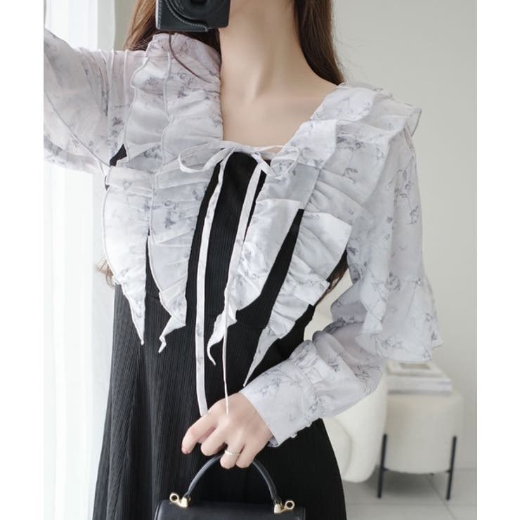 上品にスタイルアップ。シャイニー花柄フリルブラウスドッキングワンピース | Classical Elf  | 詳細画像1 