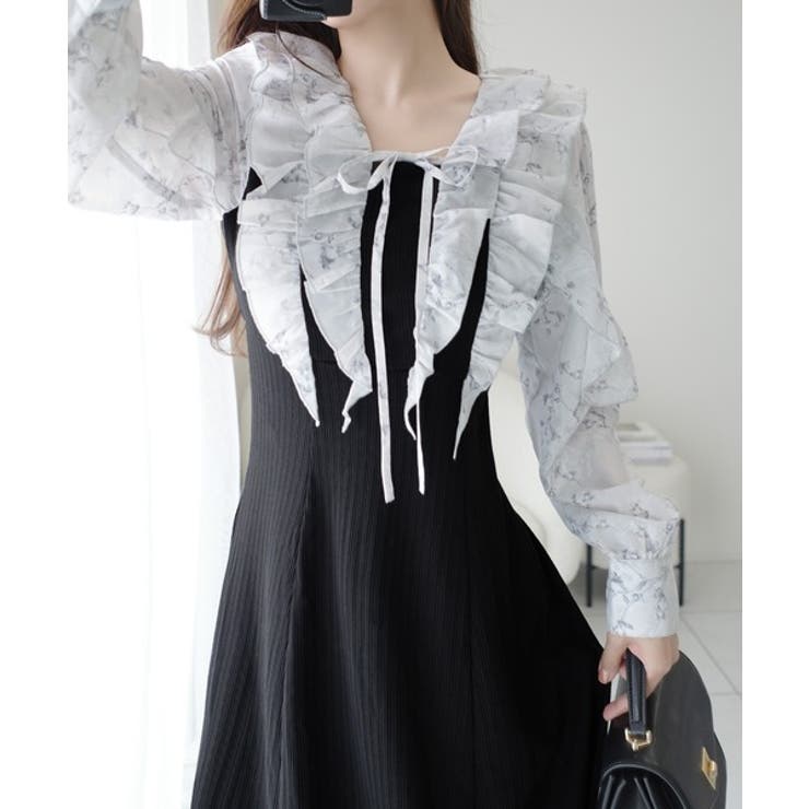 上品にスタイルアップ。シャイニー花柄フリルブラウスドッキングワンピース | Classical Elf  | 詳細画像4 