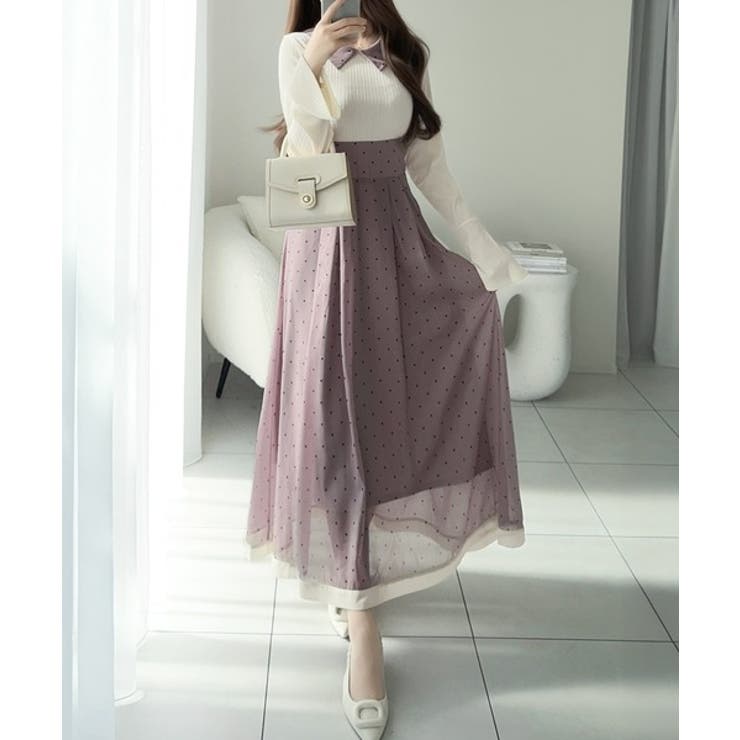 清楚見えする切り替え配色フレア袖ドッキングワンピース | Classical Elf  | 詳細画像18 