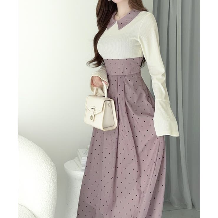 清楚見えする切り替え配色フレア袖ドッキングワンピース | Classical Elf  | 詳細画像19 