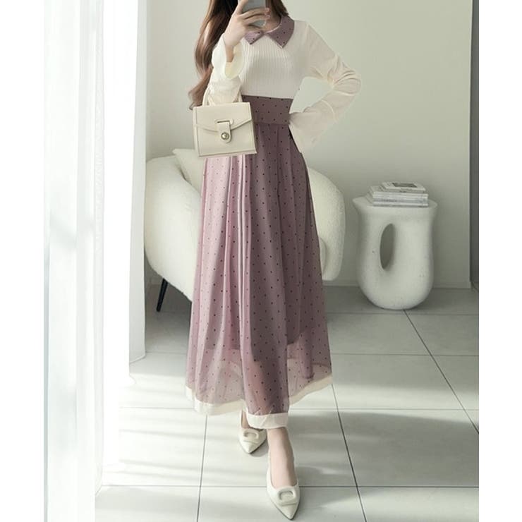 清楚見えする切り替え配色フレア袖ドッキングワンピース | Classical Elf  | 詳細画像20 