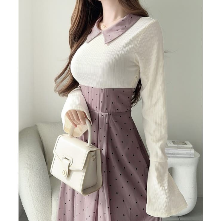 清楚見えする切り替え配色フレア袖ドッキングワンピース | Classical Elf  | 詳細画像21 