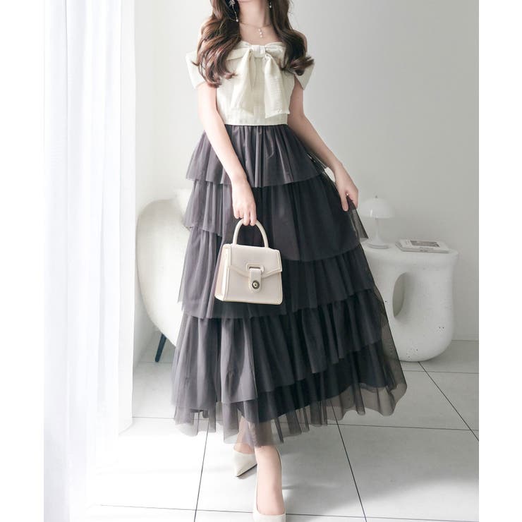 アイボリー×ブラック | 【mily bilet】一枚に大人可愛いを凝縮。リボンデザイントップス×チュール… | Classical Elf 