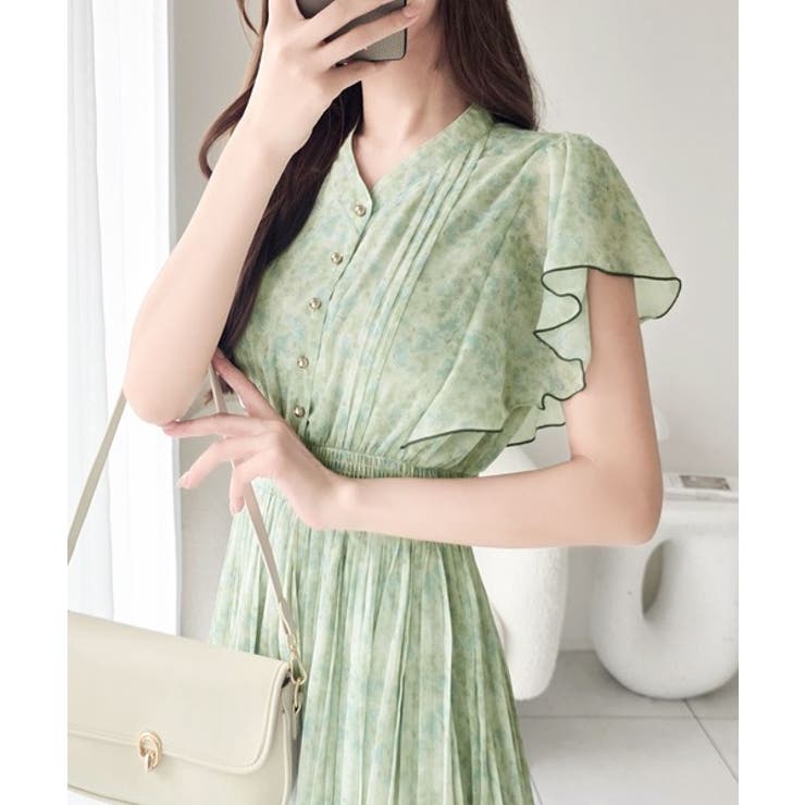 【mily bilet】水彩調の花柄が目を惹く、大人の袖フリルプリーツワンピース… | Classical Elf  | 詳細画像3 