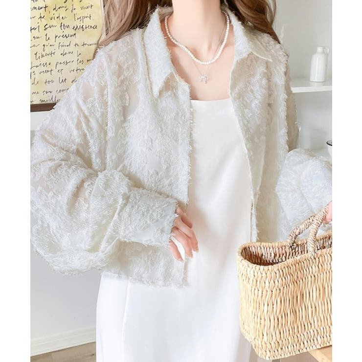 mily bilet】1枚で華やか。シャギーシアージャガードクロップドシャツ