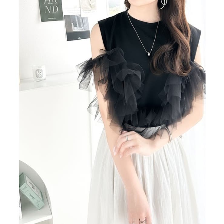 mily bilet】360度コーデが華やぐ。フリルデザインノースリーブTシャ 