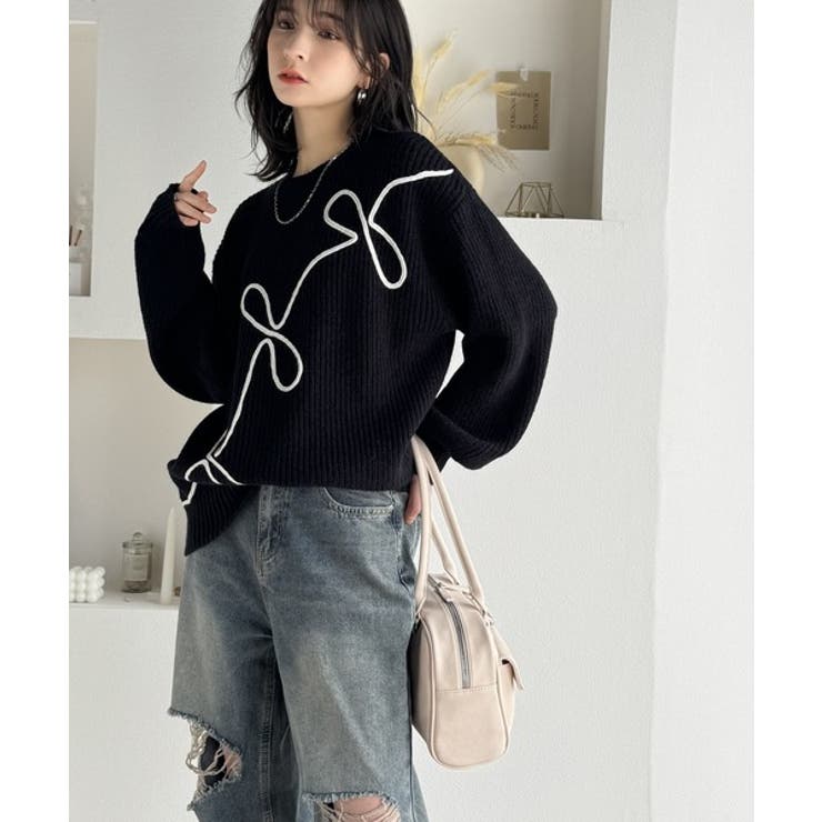 ほどよい甘さで存在感漂う♪リボンコード刺繍畦編みニットプルオーバー