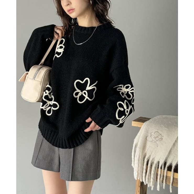 秋冬のあったかニット。ウールライクフラワーコード刺繍ニットプル