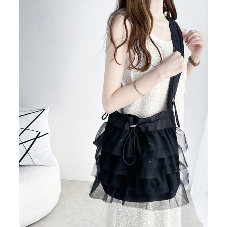 即華やか見え。ラインストーン付きチュールフリルドロスト巾着バッグ | Classical Elf  | 詳細画像9 