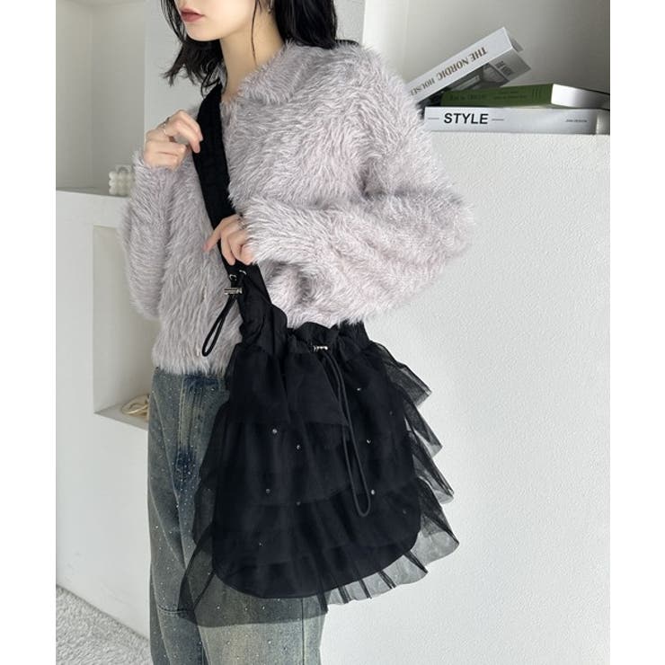 即華やか見え。ラインストーン付きチュールフリルドロスト巾着バッグ | Classical Elf  | 詳細画像12 