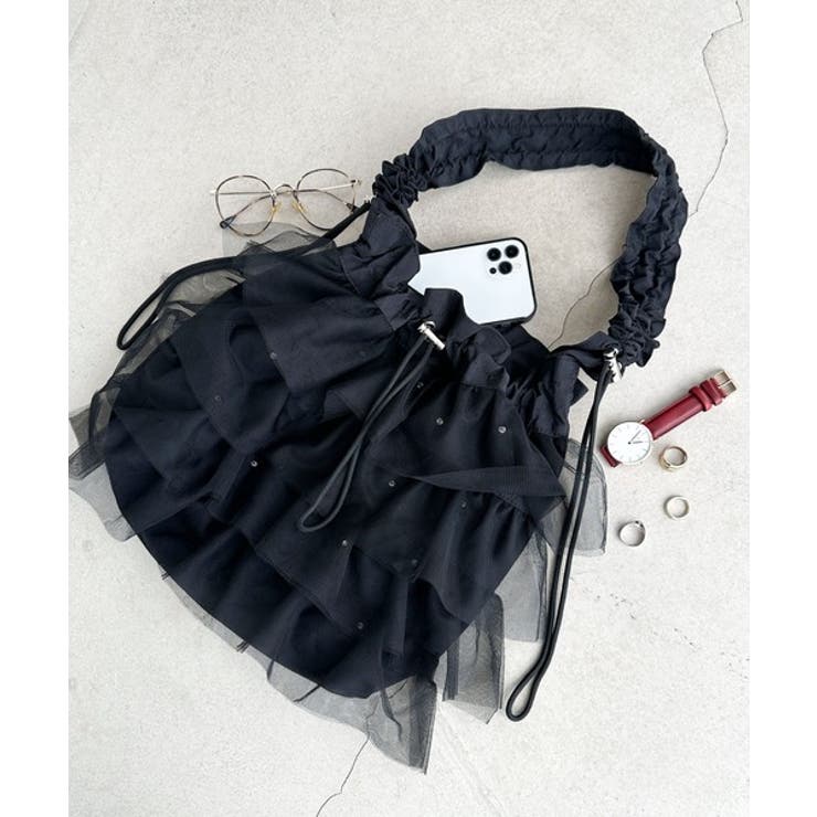 即華やか見え。ラインストーン付きチュールフリルドロスト巾着バッグ | Classical Elf  | 詳細画像15 