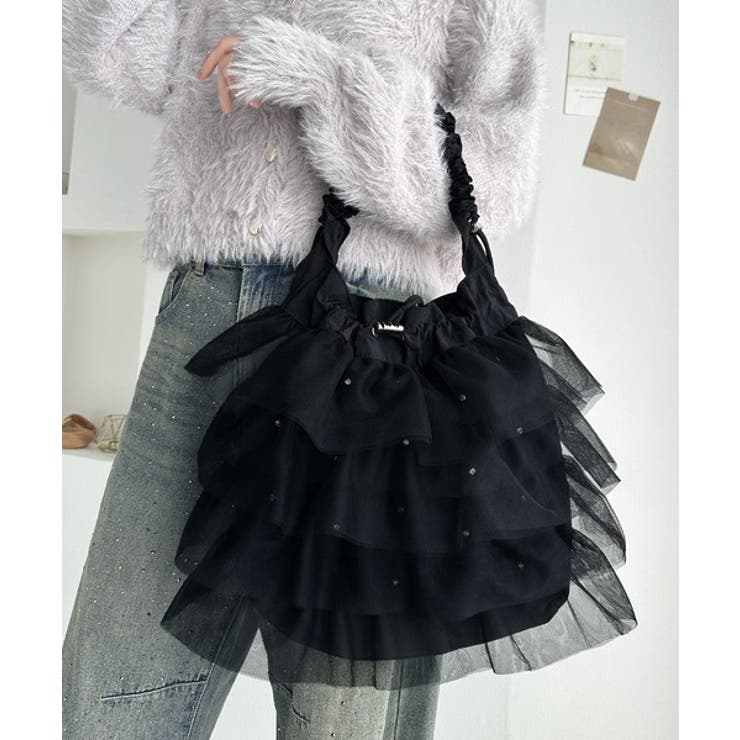 即華やか見え。ラインストーン付きチュールフリルドロスト巾着バッグ | Classical Elf  | 詳細画像16 