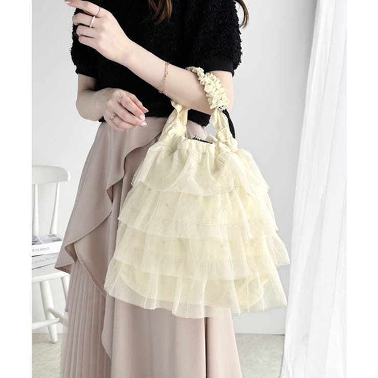 即華やか見え。ラインストーン付きチュールフリルドロスト巾着バッグ | Classical Elf  | 詳細画像4 