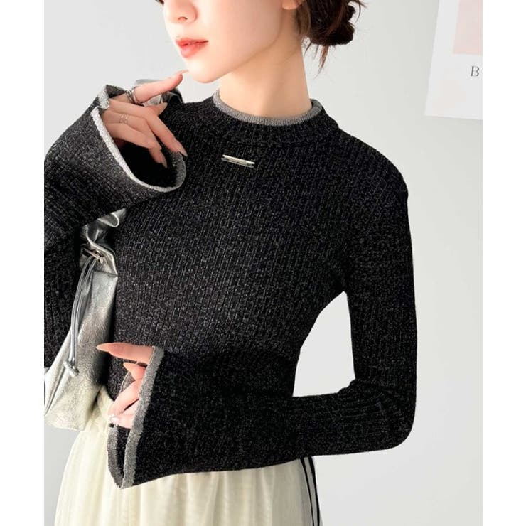 ブラック | 【mily bilet】きらめきと上品さ溢れる。ラメ入りリブプチハイ袖フレアニッ… | Classical Elf 